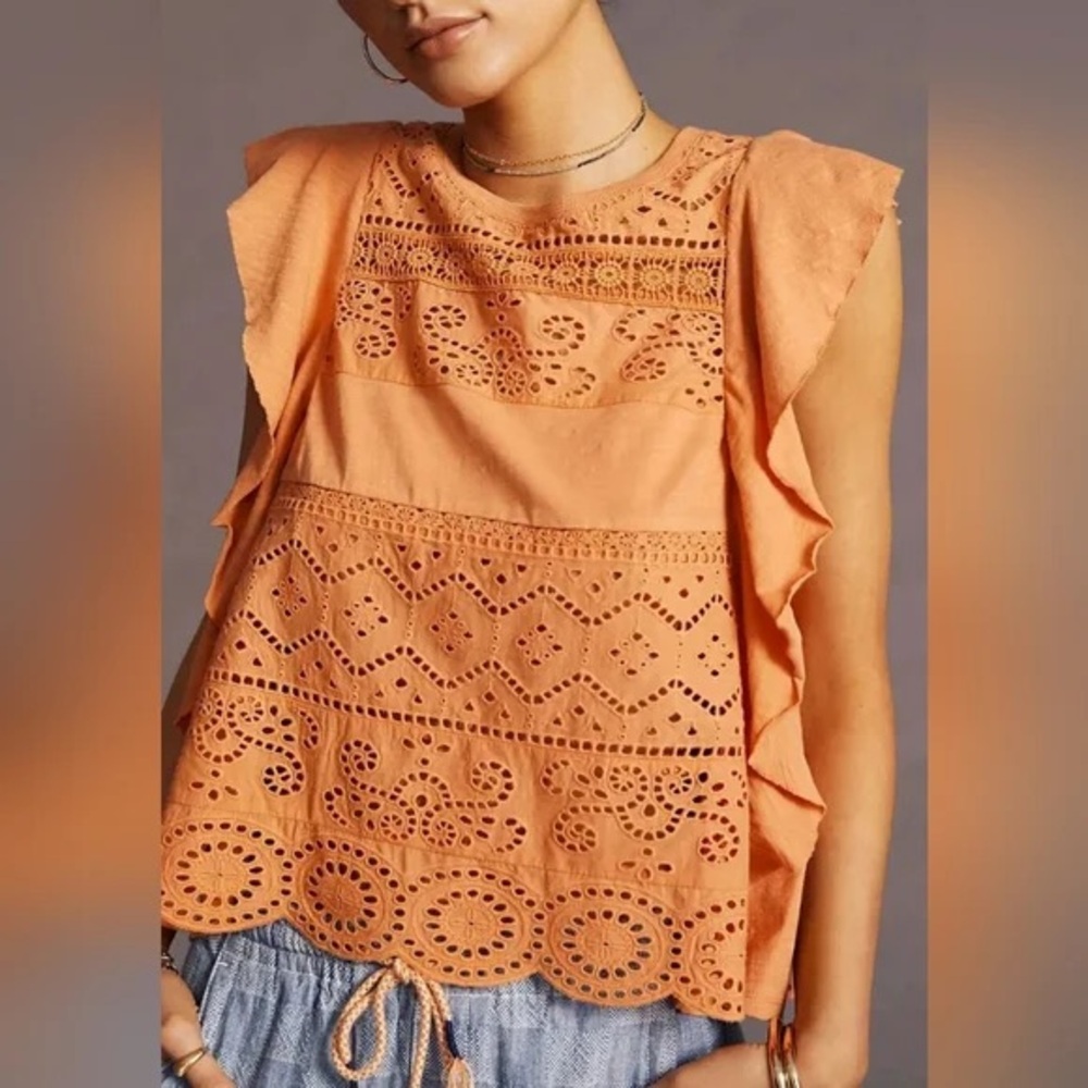 Anthropologie Eyelet Lace Ruffle Tank Top Coral Orange XS Boho